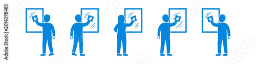 Fotografie Blue minimalist icons of people cleaning glass windows