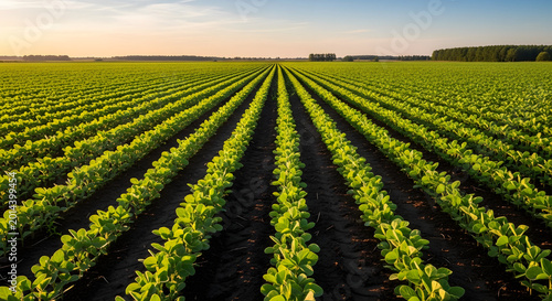 Rows of vibrant green crops extending across a field under clear sky during sunset. Concept of agriculture, farming practices, or sustainable food production.