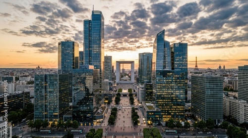 Modern Skyscraper Skyline at Golden Hour with Architectural Plaza