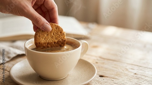 Hand dipping biscuit into cup of coffee on wooden table  