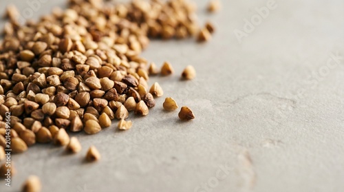 Spilled kasha grain on a textured surface with natural lighting  
