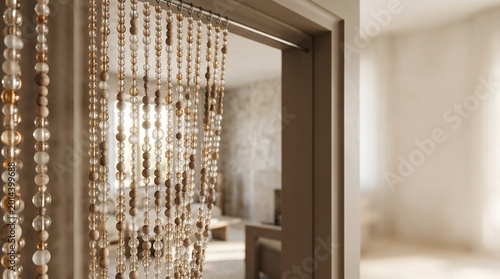 Beaded curtain hanging in doorway of modern interior space  