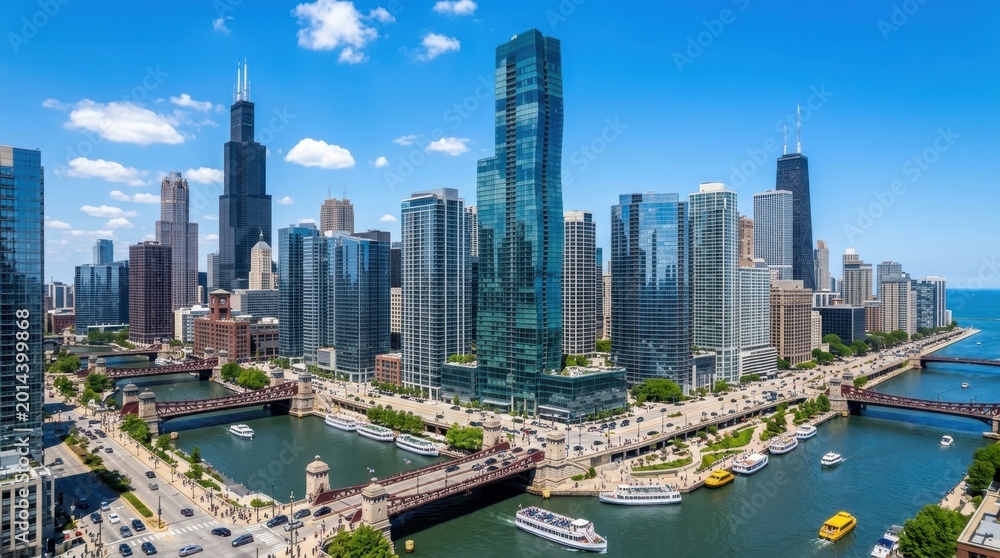 Fototapeta premium Modern Chicago Skyscrapers Downtown Cityscape with River and Blue Sky