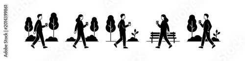 Cuadro en lienzo Minimalist black and white illustrations of people walking in a park while holding coffee cups