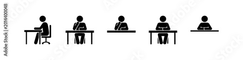 Bild auf Leinwand A vector icon set of black stick figures sitting at a desk in various poses, including profile and frontal views showing working, thinking, and resting