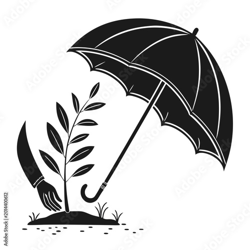 Hand planting tree with umbrella on white background black tree care