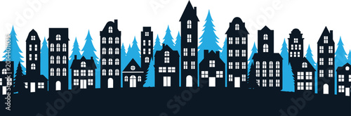 European town silhouette with pine trees vector illustration