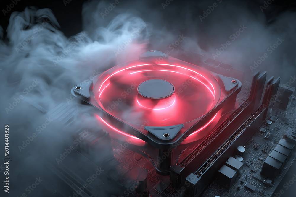 Naklejka premium Computer cooling fan emits red light while steam rises from the desktop setup in a dark room during the night