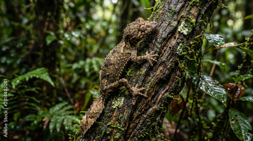 Obraz premium Rare tropical gecko climbing mossy rainforest tree