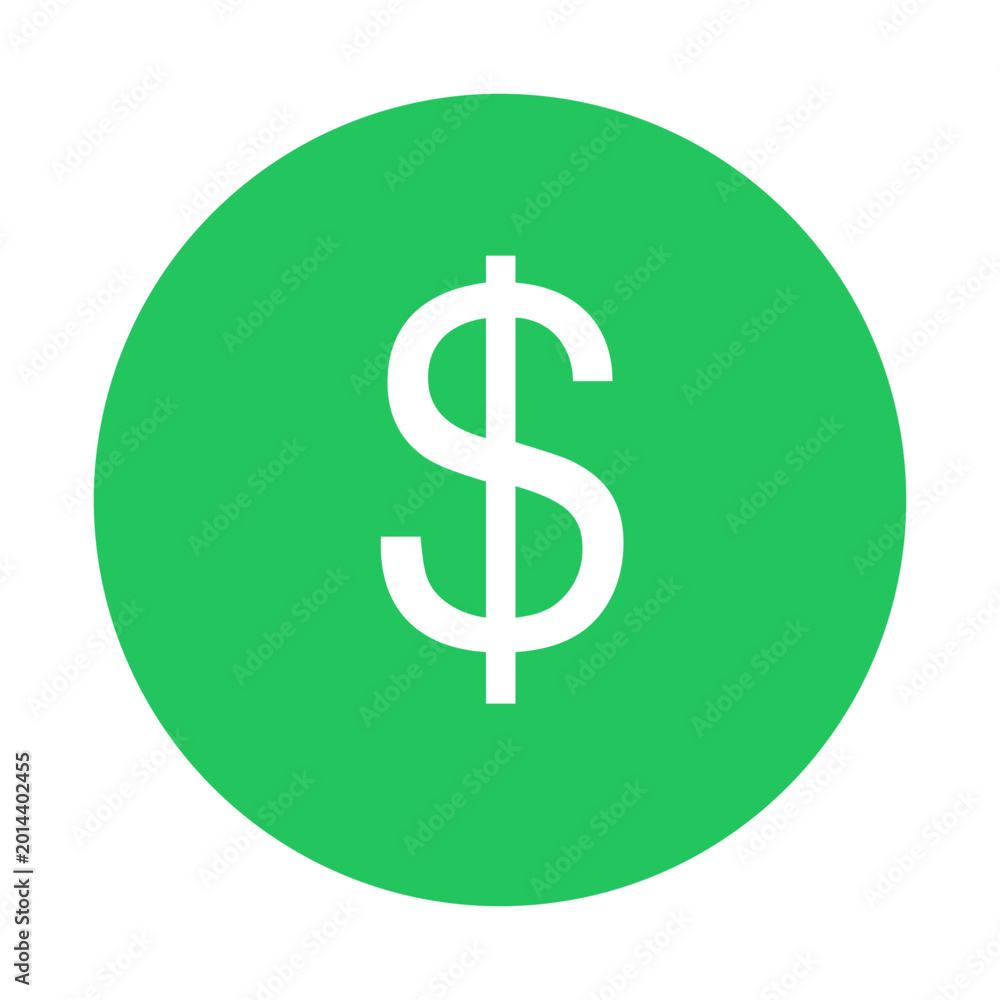 Obraz premium Simple green circle icon featuring a white dollar sign symbol representing financial transactions and banking services on white background