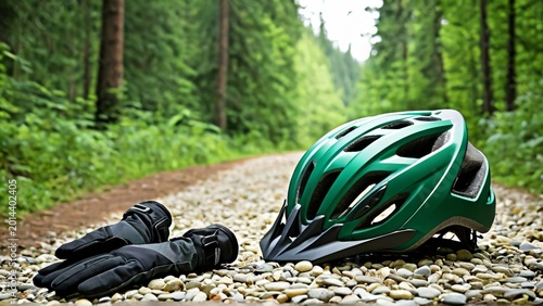 Mountain Bike Helmet and Gloves on Gravel Trail