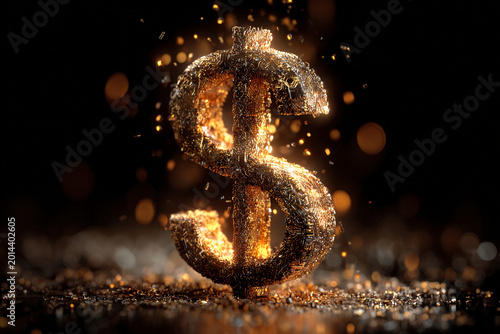 Glowing dollar sign made of particles shines in dark background during a creative visualization concept