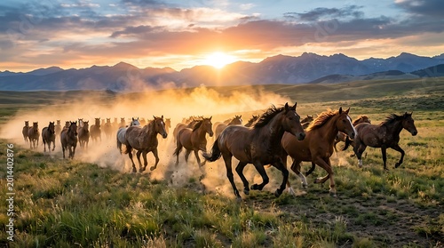 Wild horses running in a dusty field at golden sunset
