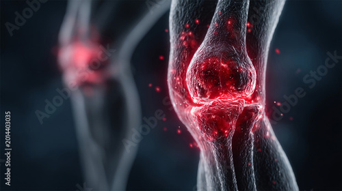 Knee joint with visible inflammation shows red area indicating pain or injury during a medical examination