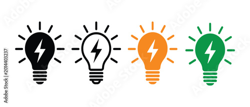 Silhouette of light bulbs with lightning bolts in different colors