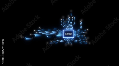 Digital ozone concept: glowing circuit board processor with data flow animation on black background motherboard