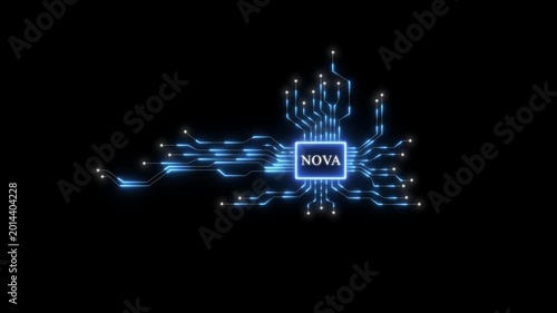 Glowing digital circuit board with nova processor chip, futuristic cybernetic technology background animation