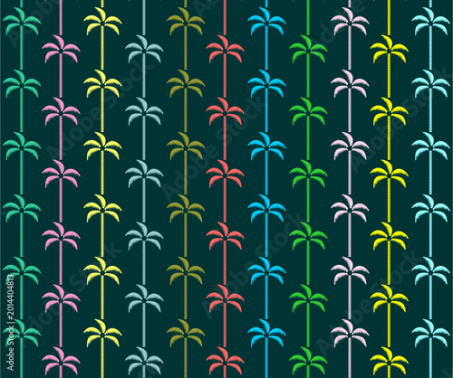 Pattern with Colorful Palm Trees on Dark Background