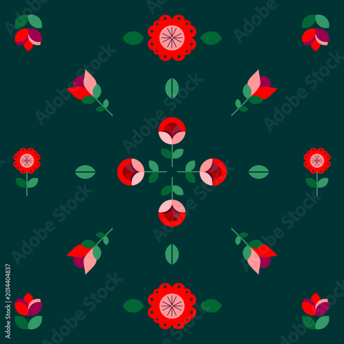 Floral Pattern with Red Flowers and Green Leaves on Dark Teal Background