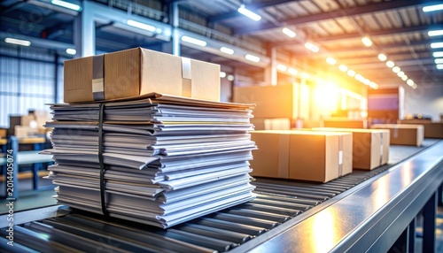 A stack of documents and cardboard boxes sits on a conveyor belt within a bright, industrial warehouse setting, suggesting a busy logistics operation.