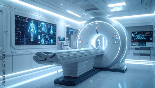 A modern, sterile medical imaging room showcases a state-of-the-art CT scanner with integrated displays visualizing anatomical data, highlighting advancements in diagnostic technology.