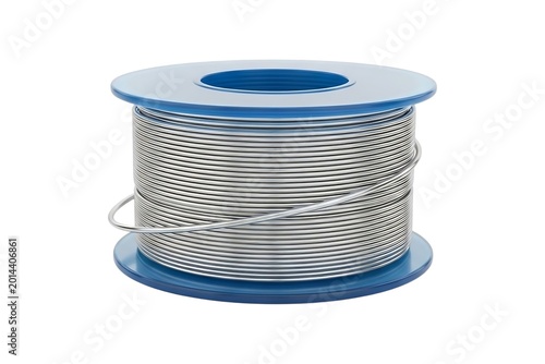 Shiny Metallic Solder Wire Spool on Blue Plastic Reel for Electronic Assembly Work White Background