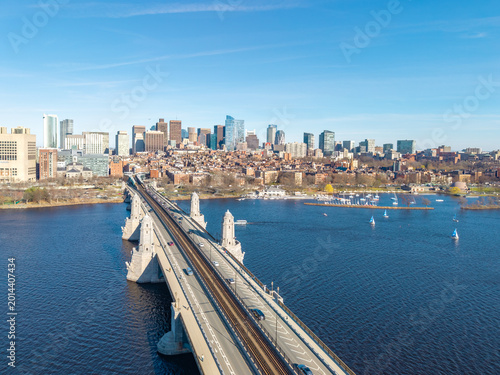 Longfellow Bridge aerial view with Boston skyline and Charles River