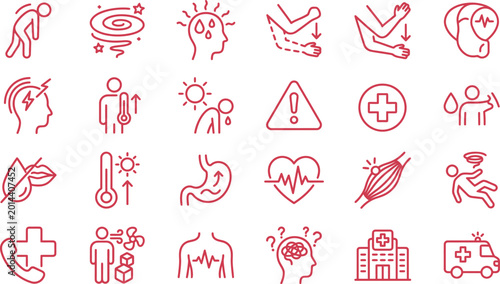 Foto Medical symptoms icons set showing various physical health conditions illnesses