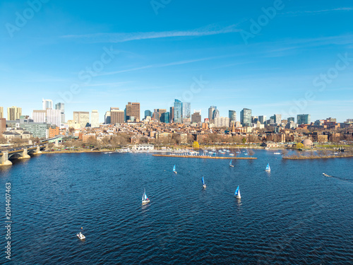 Boston skyline and sailboats on the Charles River from above