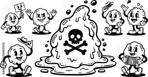 Retro cartoon meatball characters marching and playing accordion around toxic slime with skull and crossbones black and white vector art