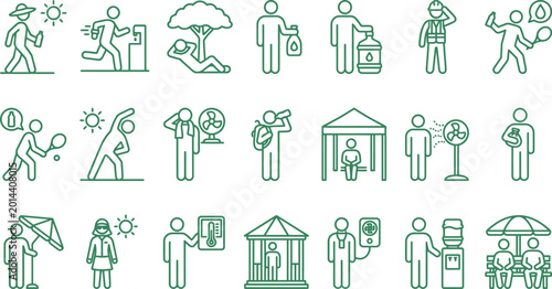 Heat wave safety icons set showing people staying hydrated and cool during extreme hot weather