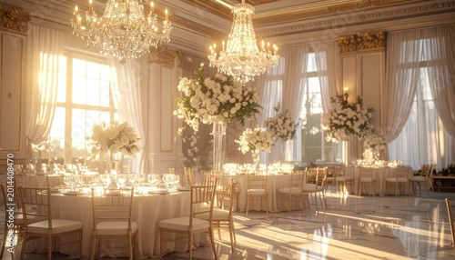 Golden luminescence illuminates a grand ballroom.