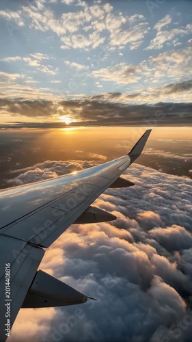 Airplane wing with sunset over clouds in evening sky  