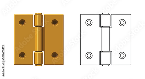 Close-up of a brass door hinge with a white outline showing its detailed structure and mounting points