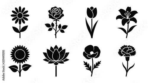 Flower silhouettes collection black floral shapes on white background