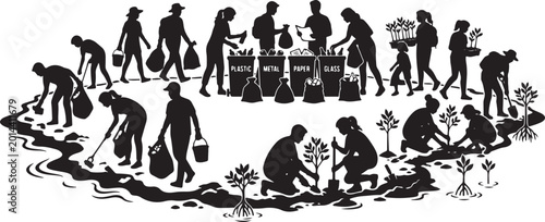 Fotografie Recycling and reforestation silhouette illustration with people and bins