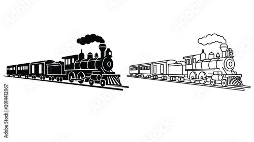 Fényképezés Steam train silhouettes with carriages black on white background