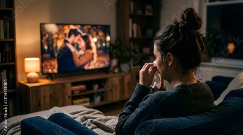A woman crying while watching a romantic movie on TV in a dimly lit living room at night.