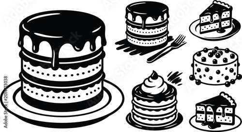 Black and white drip layer cake set with slice fork whipped topping and plates vector art