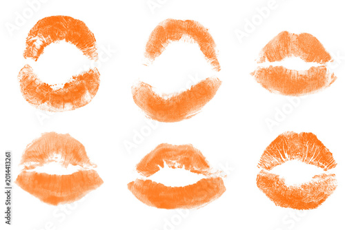 Tableau sur toile Orange Lipstick Kiss Prints Set Isolated on White Background