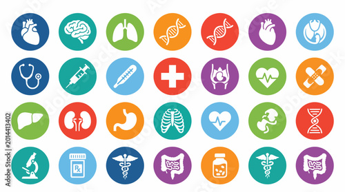 Collection of medical and healthcare icons representing various biological systems, organs, and medical equipment for health and wellness themes