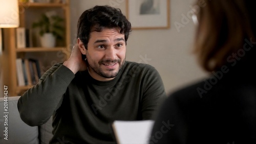 Man Nervously Smiling While Discussing Difficult Topic, Masking Emotions and Psychological Defense Mechanism Concept
