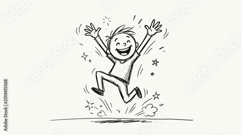 Bilde på lerret Ecstatic stick figure man excitedly jumping with arms raised and a wide smile, surrounded by stars, symbolizing a moment of triumph and achievement in a bright studio