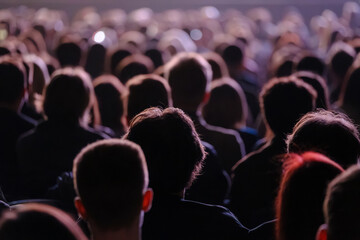 Large audience watching live concert, backs of heads and silhouettes in dim theater lighting, rows of seated spectators creating moody atmosphere.