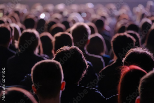 Large audience watching live concert, backs of heads and silhouettes in dim theater lighting, rows of seated spectators creating moody atmosphere.