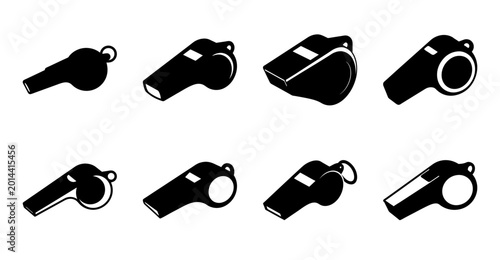 Black sports whistles in various styles - A collection of eight stylized black whistles used in sports, displayed in a clean, organized layout for easy selection and use in designs.