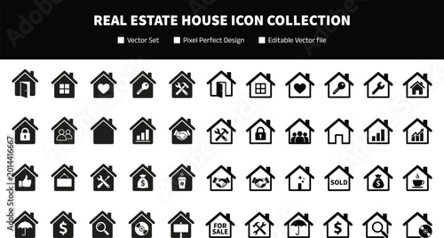 Real Estate House Icon Collection with Property Sale Rent and Investment Symbols for Housing and Business Graphic Design Projects