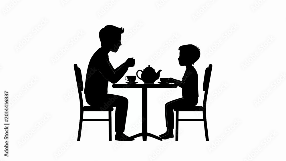 Fototapeta premium Silhouette of father and child having tea, family bonding moment, black silhouette icons, people sitting at table isolated on White Background