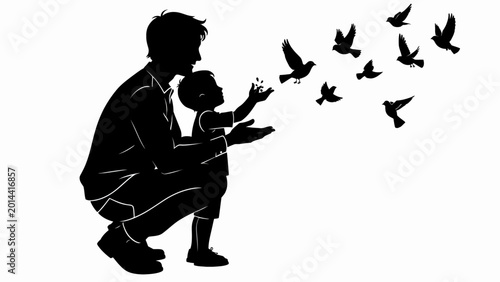 Schilderij op canvas Silhouette of man and child releasing birds, black illustration, father son mome