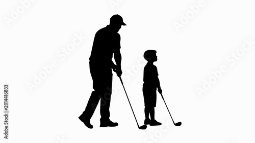 Golfing Father and Son Silhouette, Family Sports Leisure Vector Artwork. Black Shadow Outline Shape of Golfer and Child Playing Game. Human Motion Illustration isolated on Transparent Background